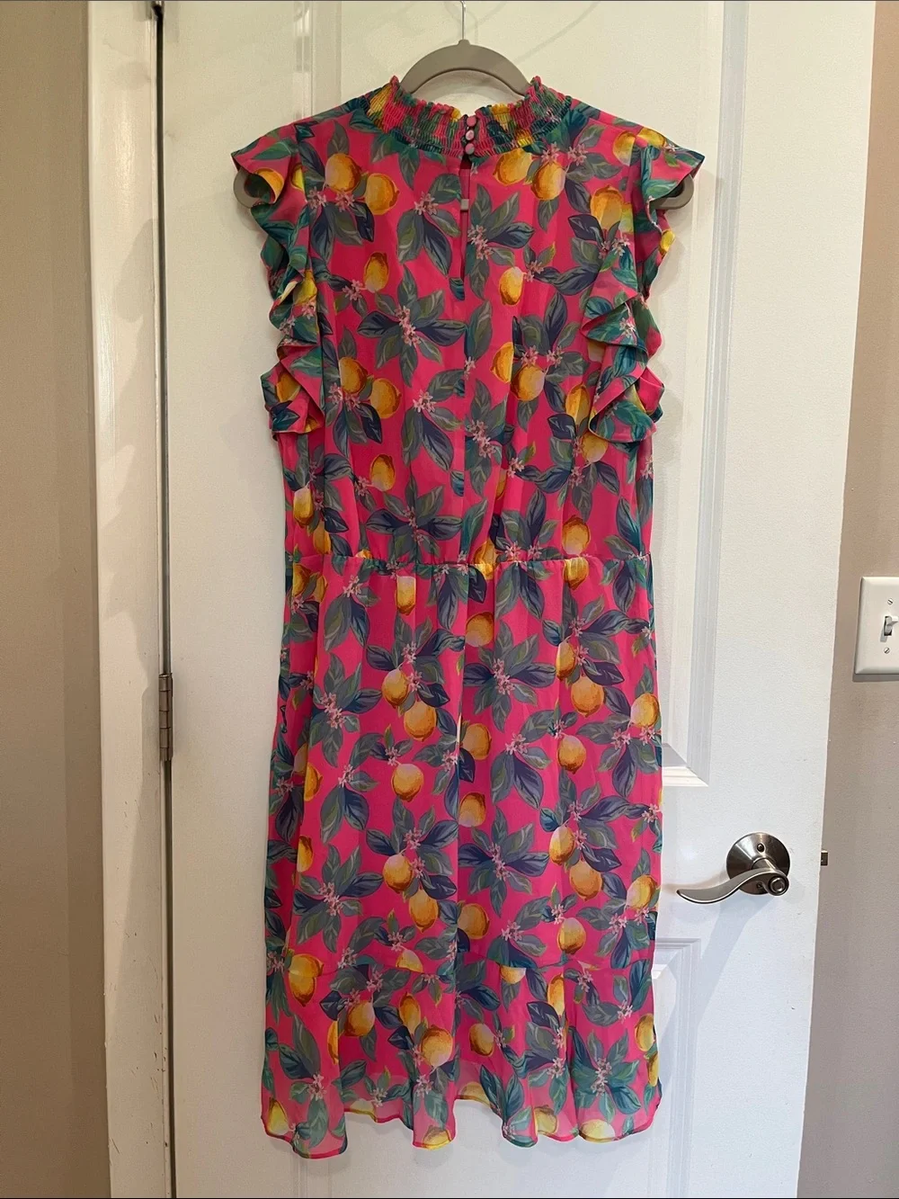 Sam Edelman Tropical Lemon Print High Neck Chiffon Shift Dress Size 12 Pink NWT